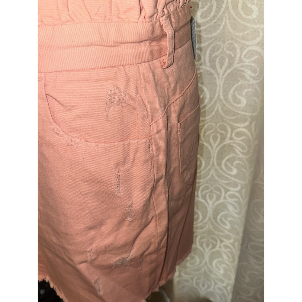 Hayden Los Angeles Pink Paperbag Waist Distressed Denim Mini Skirt L NEW - Picture 3 of 5